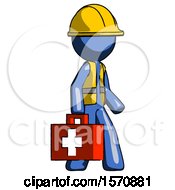 Poster, Art Print Of Blue Construction Worker Contractor Man Walking With Medical Aid Briefcase To Right