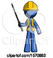 Blue Construction Worker Contractor Man Standing Up With Ninja Sword Katana