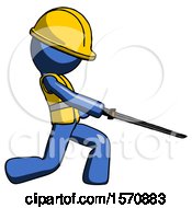 Poster, Art Print Of Blue Construction Worker Contractor Man With Ninja Sword Katana Slicing Or Striking Something
