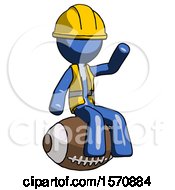 Poster, Art Print Of Blue Construction Worker Contractor Man Sitting On Giant Football