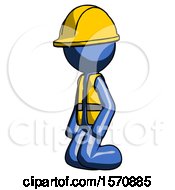 Blue Construction Worker Contractor Man Kneeling Angle View Left