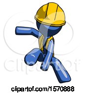 Poster, Art Print Of Blue Construction Worker Contractor Man Action Hero Jump Pose
