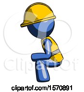 Blue Construction Worker Contractor Man Squatting Facing Left
