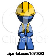 Poster, Art Print Of Blue Construction Worker Contractor Man Squatting Facing Front