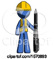 Poster, Art Print Of Blue Construction Worker Contractor Man Holding Large Pen