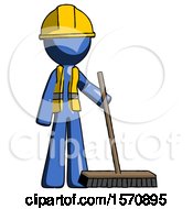 Blue Construction Worker Contractor Man Standing With Industrial Broom