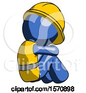 Blue Construction Worker Contractor Man Sitting With Head Down Back View Facing Right