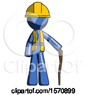 Poster, Art Print Of Blue Construction Worker Contractor Man Standing With Hiking Stick