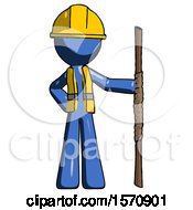 Poster, Art Print Of Blue Construction Worker Contractor Man Holding Staff Or Bo Staff