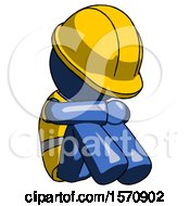 Blue Construction Worker Contractor Man Sitting With Head Down Facing Angle Right