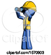 Poster, Art Print Of Blue Construction Worker Contractor Man Looking Through Binoculars To The Left