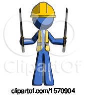 Blue Construction Worker Contractor Man Posing With Two Ninja Sword Katanas Up