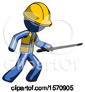 Poster, Art Print Of Blue Construction Worker Contractor Man Stabbing With Ninja Sword Katana