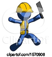 Poster, Art Print Of Blue Construction Worker Contractor Man Psycho Running With Meat Cleaver