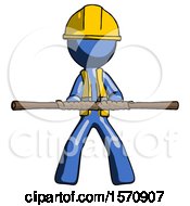 Poster, Art Print Of Blue Construction Worker Contractor Man Bo Staff Kung Fu Defense Pose