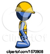 Blue Construction Worker Contractor Man Kneeling Right