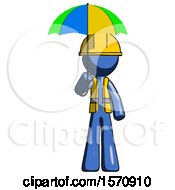 Poster, Art Print Of Blue Construction Worker Contractor Man Holding Umbrella Rainbow Colored