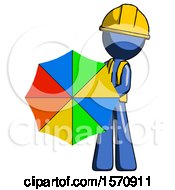Poster, Art Print Of Blue Construction Worker Contractor Man Holding Rainbow Umbrella Out To Viewer