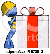 Poster, Art Print Of Blue Construction Worker Contractor Man Gift Concept - Leaning Against Large Present
