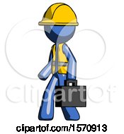 Poster, Art Print Of Blue Construction Worker Contractor Man Walking With Briefcase To The Left