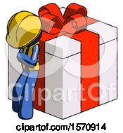 Poster, Art Print Of Blue Construction Worker Contractor Man Leaning On Gift With Red Bow Angle View