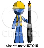 Poster, Art Print Of Blue Construction Worker Contractor Man Holding Giant Calligraphy Pen