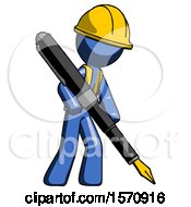 Blue Construction Worker Contractor Man Drawing Or Writing With Large Calligraphy Pen