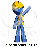Poster, Art Print Of Blue Construction Worker Contractor Man Waving Emphatically With Left Arm