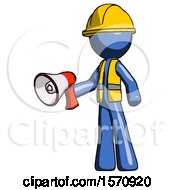 Blue Construction Worker Contractor Man Holding Megaphone Bullhorn Facing Right