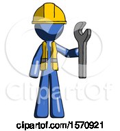 Blue Construction Worker Contractor Man Holding Wrench Ready To Repair Or Work