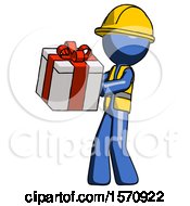 Poster, Art Print Of Blue Construction Worker Contractor Man Presenting A Present With Large Red Bow On It