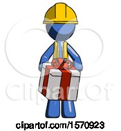 Poster, Art Print Of Blue Construction Worker Contractor Man Gifting Present With Large Bow Front View