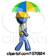 Poster, Art Print Of Blue Construction Worker Contractor Man Walking With Colored Umbrella
