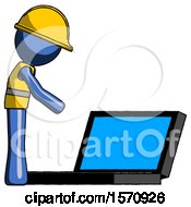 Blue Construction Worker Contractor Man Using Large Laptop Computer Side Orthographic View