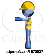 Blue Construction Worker Contractor Man Pointing Left