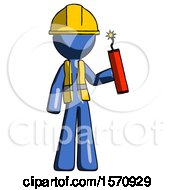 Poster, Art Print Of Blue Construction Worker Contractor Man Holding Dynamite With Fuse Lit