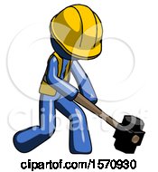 Poster, Art Print Of Blue Construction Worker Contractor Man Hitting With Sledgehammer Or Smashing Something At Angle