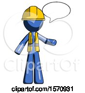 Poster, Art Print Of Blue Construction Worker Contractor Man With Word Bubble Talking Chat Icon