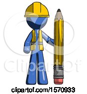 Poster, Art Print Of Blue Construction Worker Contractor Man With Large Pencil Standing Ready To Write