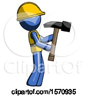 Poster, Art Print Of Blue Construction Worker Contractor Man Hammering Something On The Right