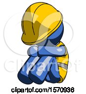 Poster, Art Print Of Blue Construction Worker Contractor Man Sitting With Head Down Facing Angle Left