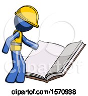 Blue Construction Worker Contractor Man Reading Big Book While Standing Beside It