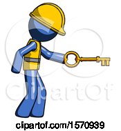 Poster, Art Print Of Blue Construction Worker Contractor Man With Big Key Of Gold Opening Something