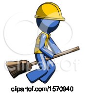 Poster, Art Print Of Blue Construction Worker Contractor Man Flying On Broom