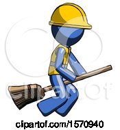 Blue Construction Worker Contractor Man Flying On Broom