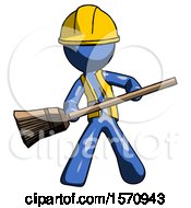 Blue Construction Worker Contractor Man Broom Fighter Defense Pose