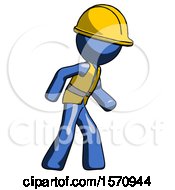 Poster, Art Print Of Blue Construction Worker Contractor Man Suspense Action Pose Facing Right