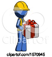 Poster, Art Print Of Blue Construction Worker Contractor Man Giving A Present