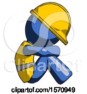 Blue Construction Worker Contractor Man Sitting With Head Down Facing Sideways Right