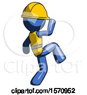 Poster, Art Print Of Blue Construction Worker Contractor Man Kick Pose Start